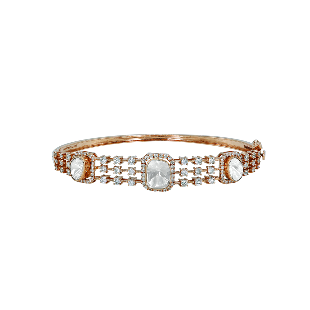 Rose Gold Polki Bangle with Diamond Halos and Lattice Design